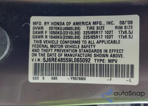2009 Honda Cr-V Ex z USA, uszkodzony, nr VIN 5J6RE48559L065092